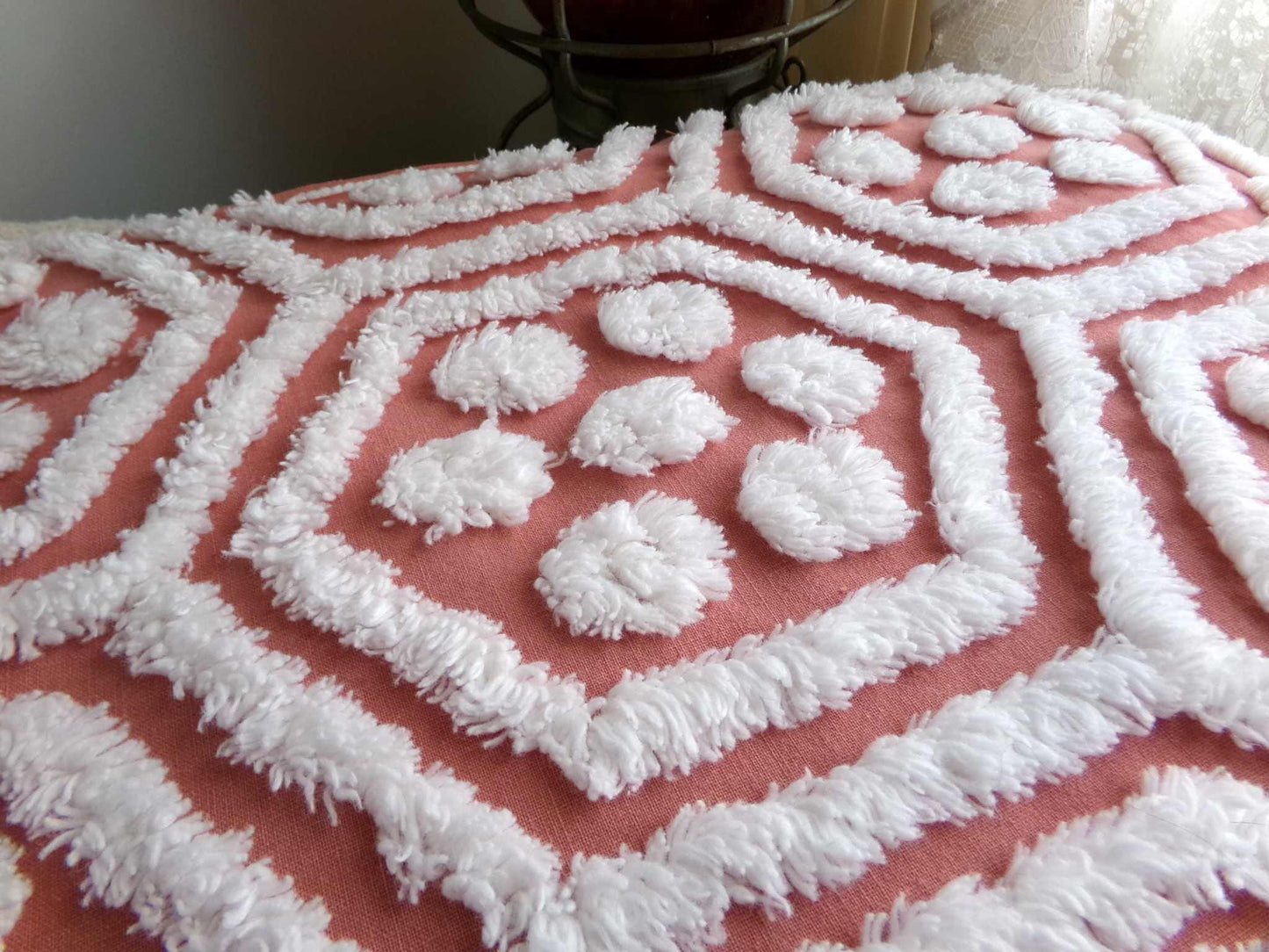 Hippie Hexagon Reversible Vintage Chenille Fabric, Sewing Quilting Material in Boho Style Terracotta & White, 22.5" x 30" inch Piece