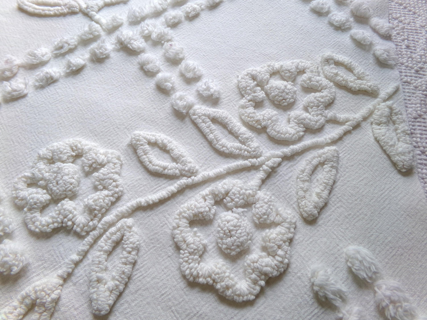 Elegant White Floral Chenille Fabric: Vintage Cottage Style 23" x 15" Cut Piece