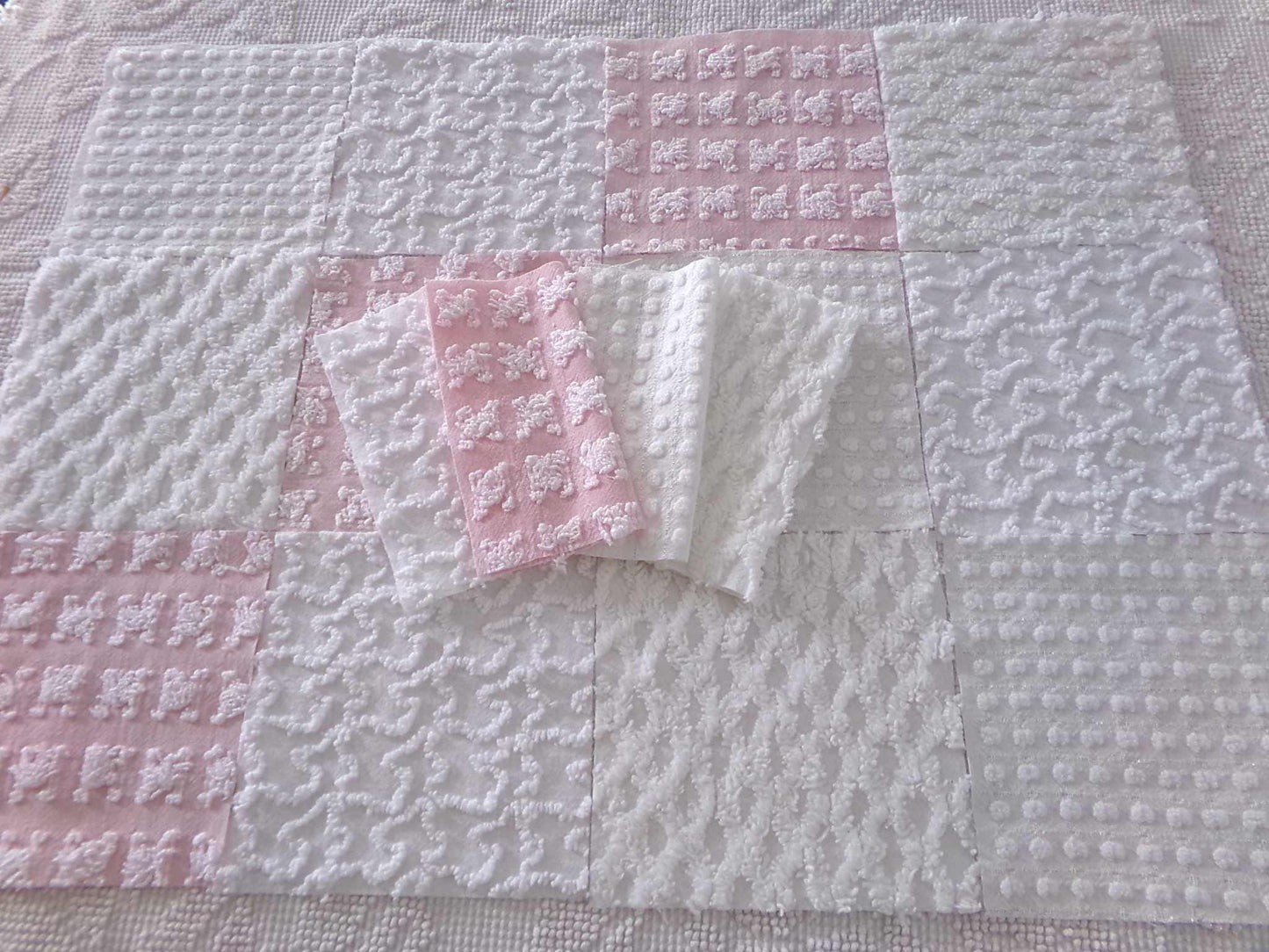 angel feathers chenille fabric squares, pink & white rosebud, lattice, dots, squiggles, vintage square set of 16 quilt blocks, 6" x 6" inch