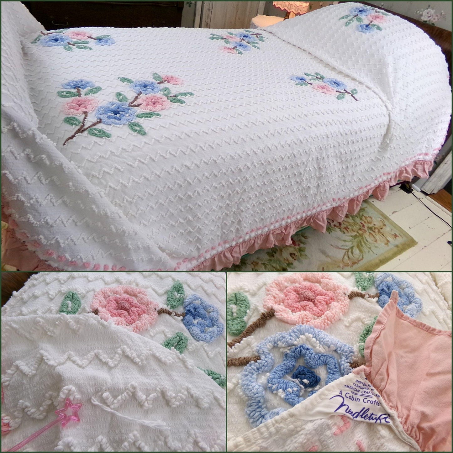 summer vintage chenille bedspread, lightweight white cotton seersucker with flowers & pink ruffle trim, twin size coverlet