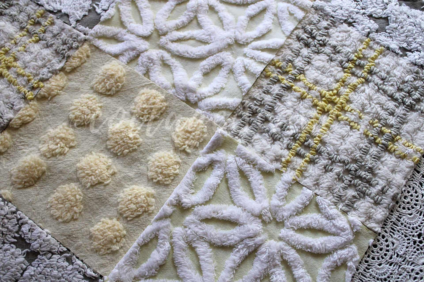 Sunshine & Clouds Chenille Quilt Squares Set, Rotary Cut from Vintage Chenille Bedspread Fabric, 16 Blocks, 6" x 6" inch each