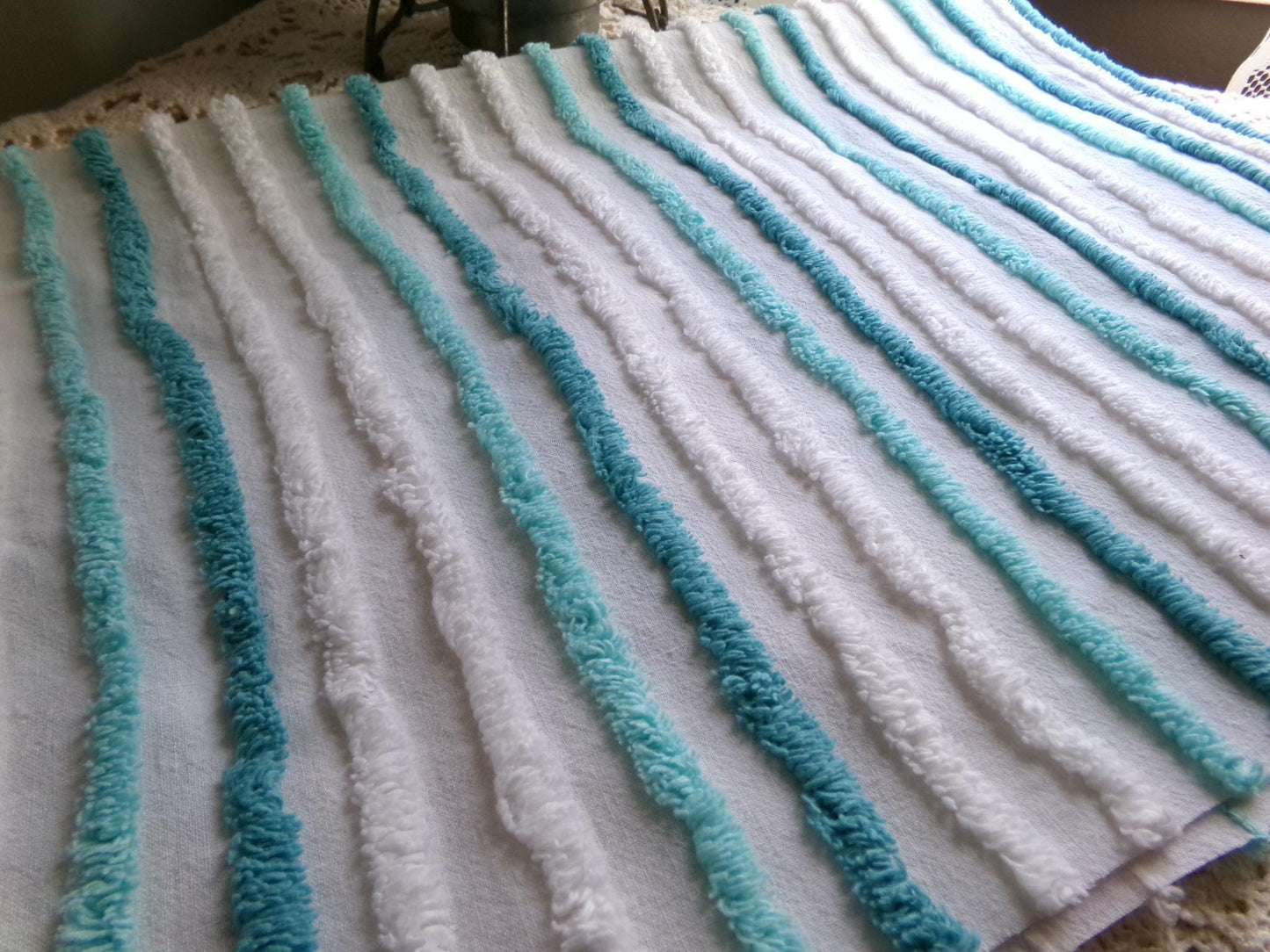 chic coastal cottage vintage chenille fabric, aqua, teal & white striped sewing material for chenille quilts, crafts, 17" x 27" inch piece