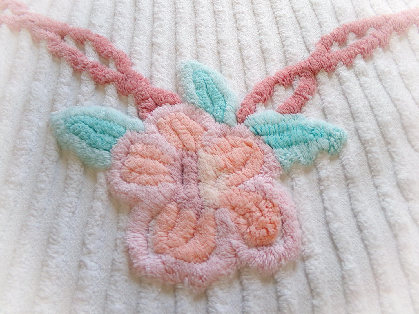 rose garland vintage chenille fabric, floral 20" x 29" piece of white cotton sewing material for crafts, pillows