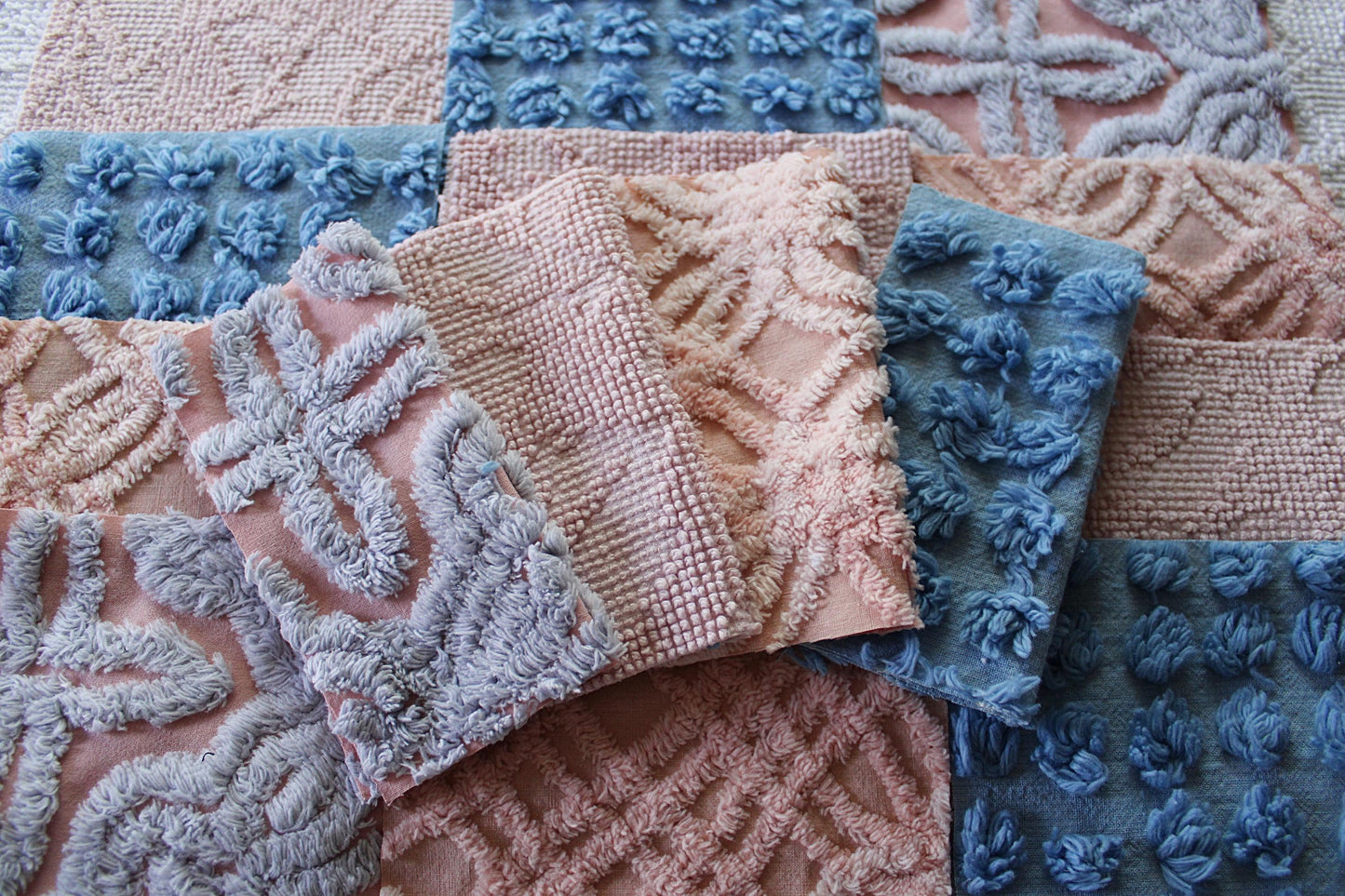 starry twilight chenille fabric squares, set of 16 vintage quilt blocks 6" inches ea, dreamy serene blue, rose mist, pink shades