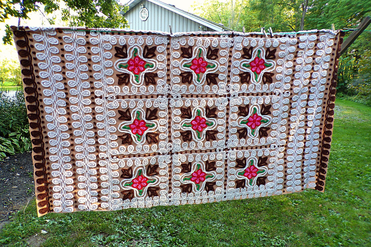 Boho Vintage Chenille Bedspread, Pink Roses on Cocoa Brown, Full Size Cotton Bedding
