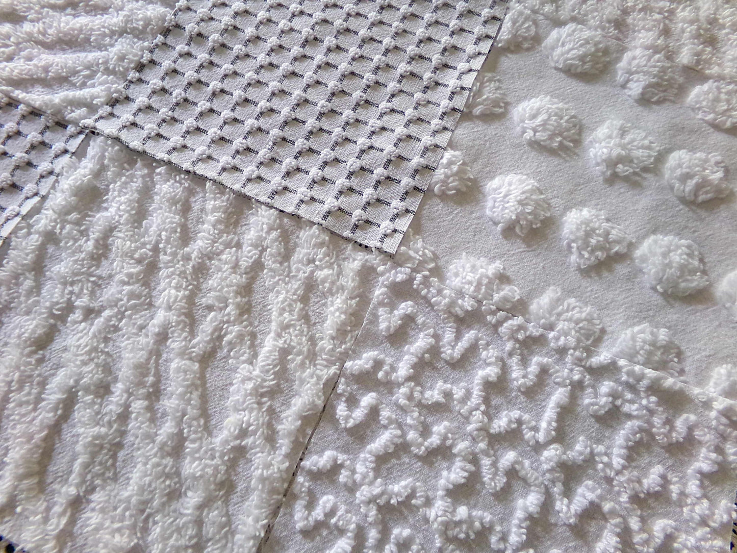 Blizzard White Vintage Chenille Fabric Squares, Diamond Ice, Coin Pop, Squiggle & Micro Grid, Set of 16 Quilt Blocks, 6" x 6" inch each