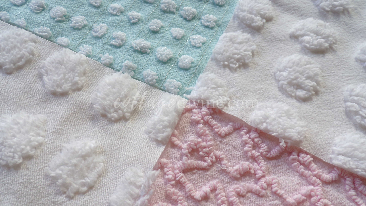 Classic Cottage Chic Chenille Quilt Squares Set from Vintage Bedspread Fabric, 16 Blocks, 6" x 6" inch, Pretty Pink Rosebud, Aqua & White