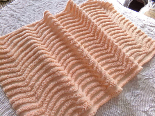 swirling peach waves vintage tufted fabric, 17.5" x 32" inch piece, plush chenille texture, sewing material for quilts, pillows
