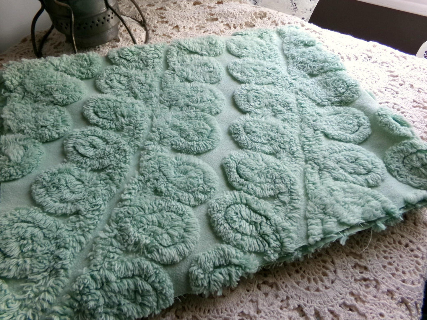 Fluffy Mint Ice Cream Swirl Vintage Chenille Fabric, Plush 20" x 26" inch piece in looping curlicues pattern