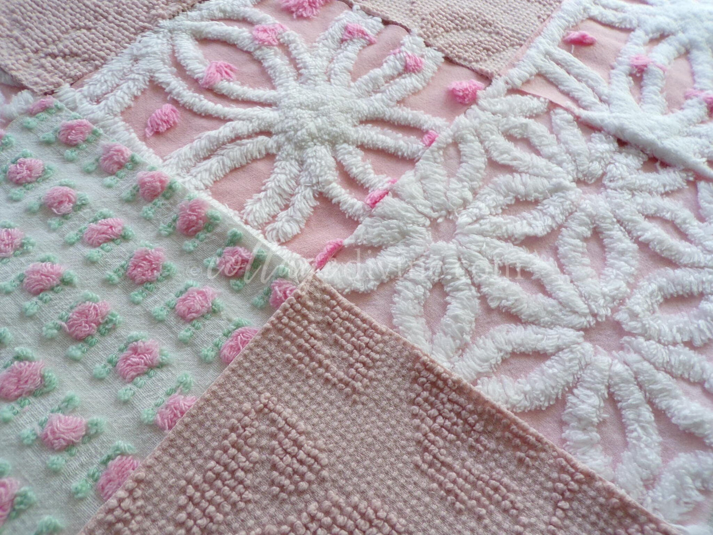 angel pinks vintage chenille fabric squares, rosebuds, daisy patterns, set of 16 quilting blocks, 6" x 6" each, pretty in patchwork pillows