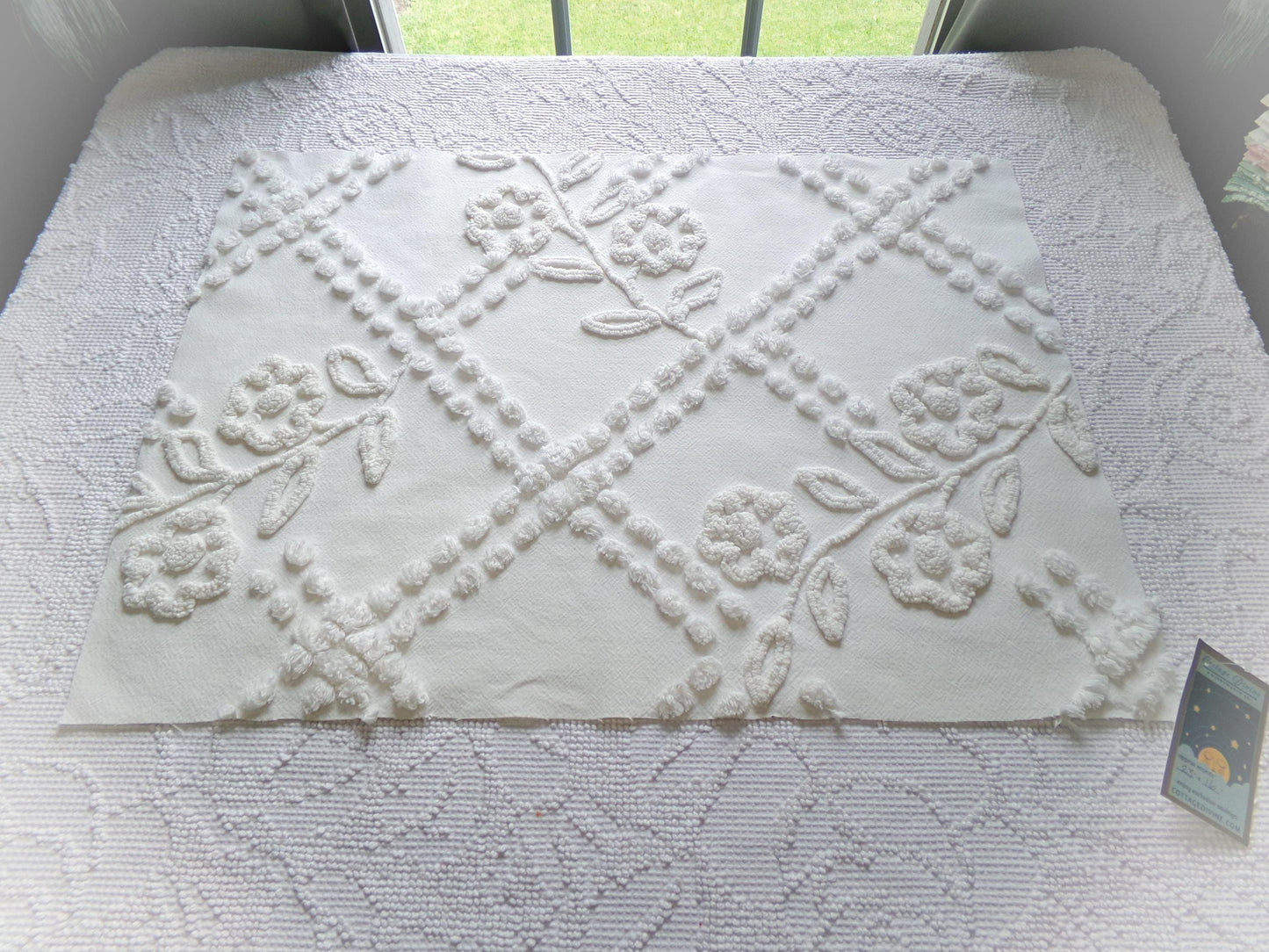 Vintage White Floral Chenille Fabric: Farmhouse Style 23" x 16" Cut Piece