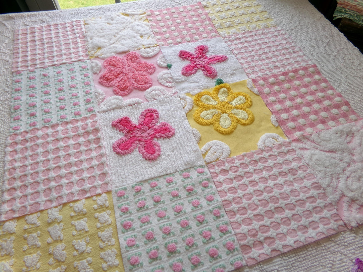 vintage chenille fabric squares, "spring sunrise" set of 16 floral 6" quilt blocks in yellow, pink & white