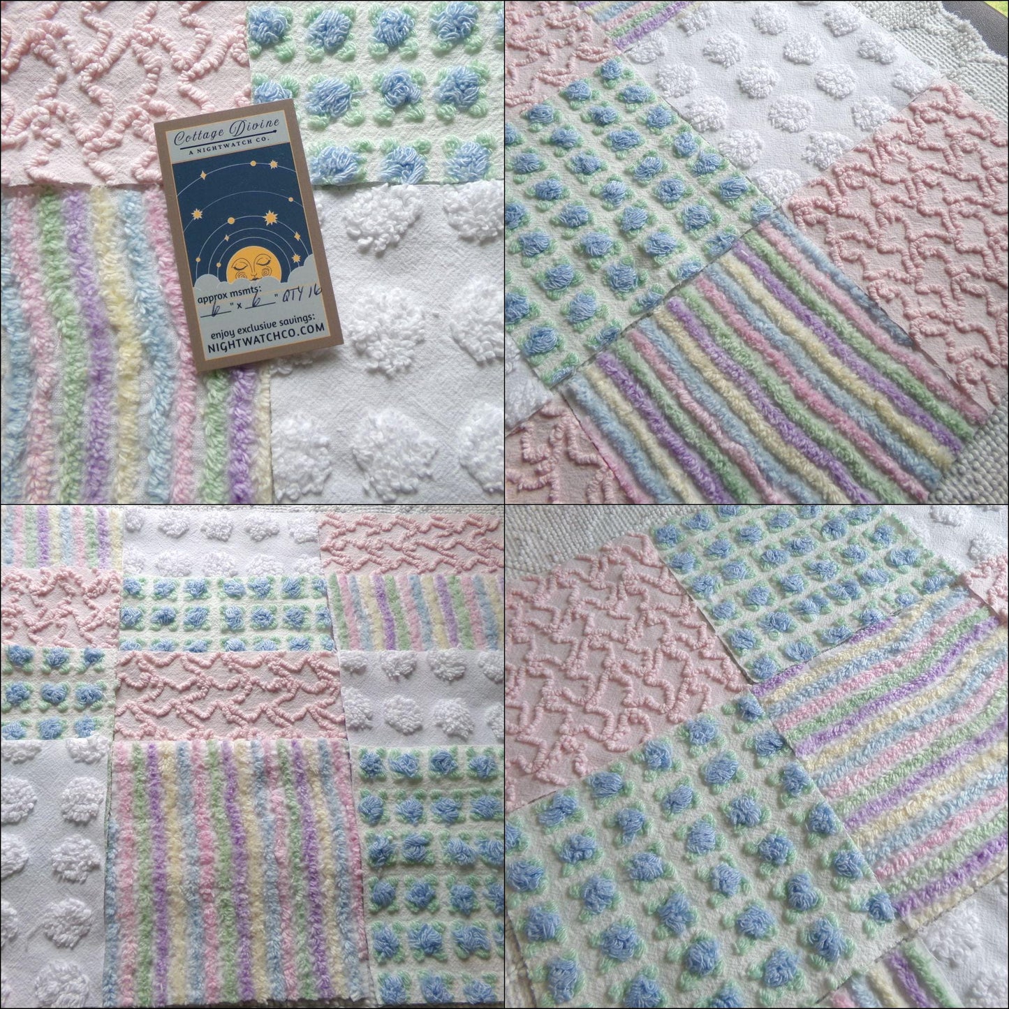 fairy fantasy chenille fabric squares, 16 vintage 6" quilt blocks in pastel rainbow, pink & blue rosebud, for sewing, crafts, fiber arts