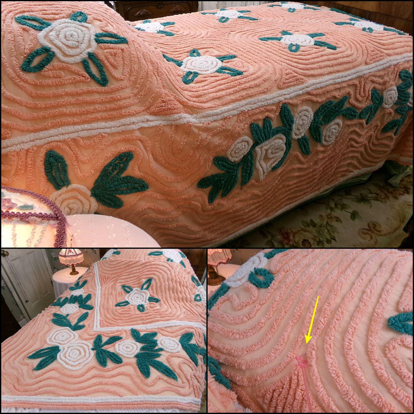 white roses in autumn vintage chenille bedspread, lovely peach glow cotton full size shabby chic bedding