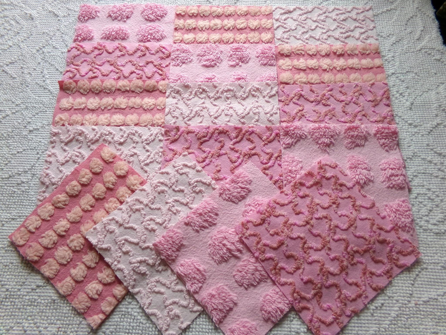 perky pinks chenille fabric squares, 16 vintage 6" quilt blocks in pops & squiggle texture, for sewing, crafts, fiber arts