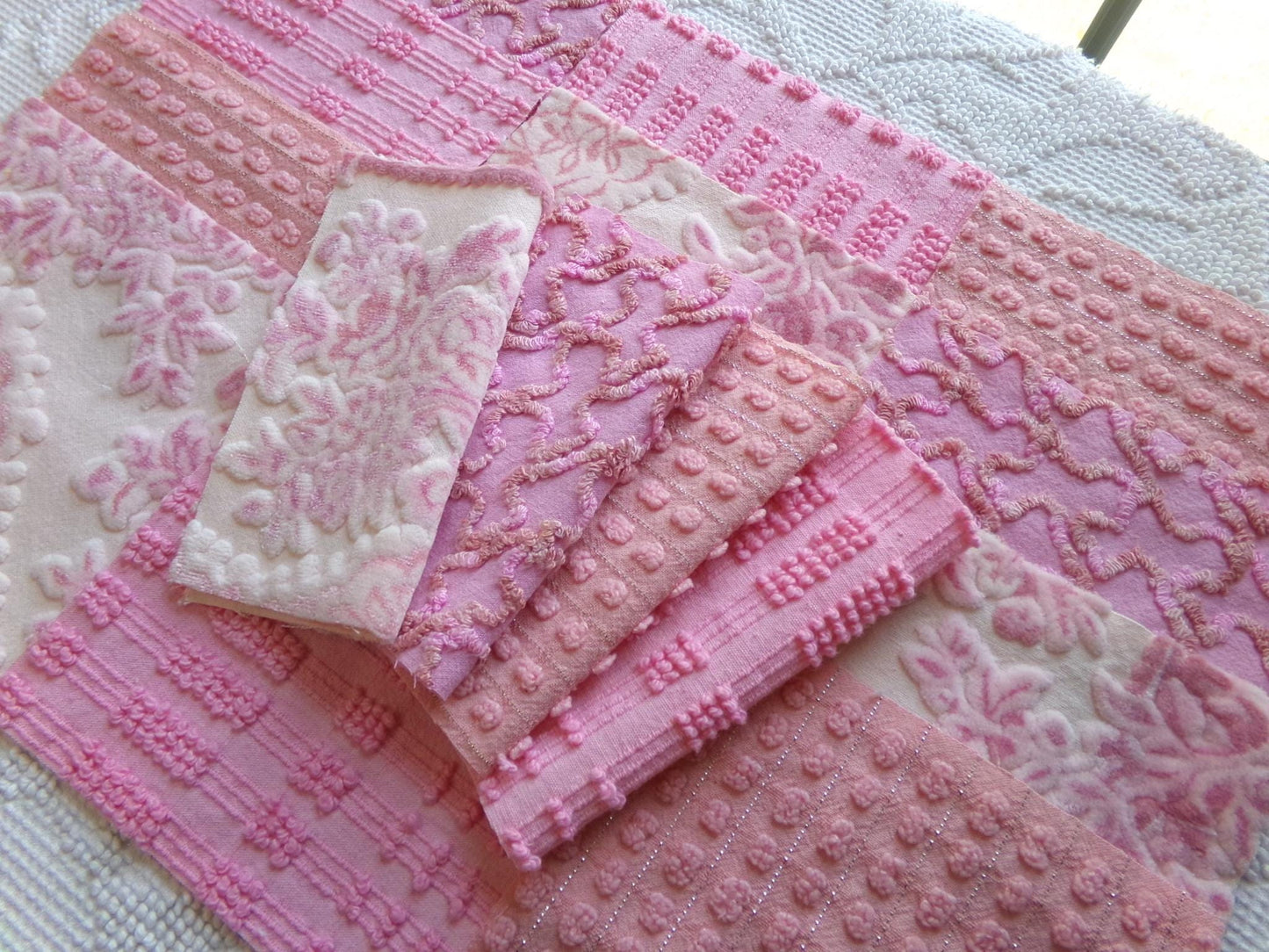 lux pink velvet & chenille fabric squares, set of 16 texturized vintage craft quilt blocks 6" inches for quilt inlays, pillows, fiber arts