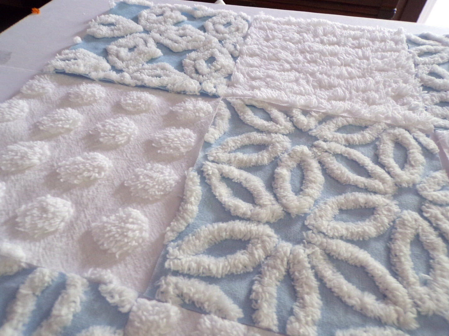 Coastal Classics Quilt Squares Set, from Vintage Chenille Bedspread Fabric, 16 Blocks, 6" x 6" inch, Fluffy Plush Blue & White