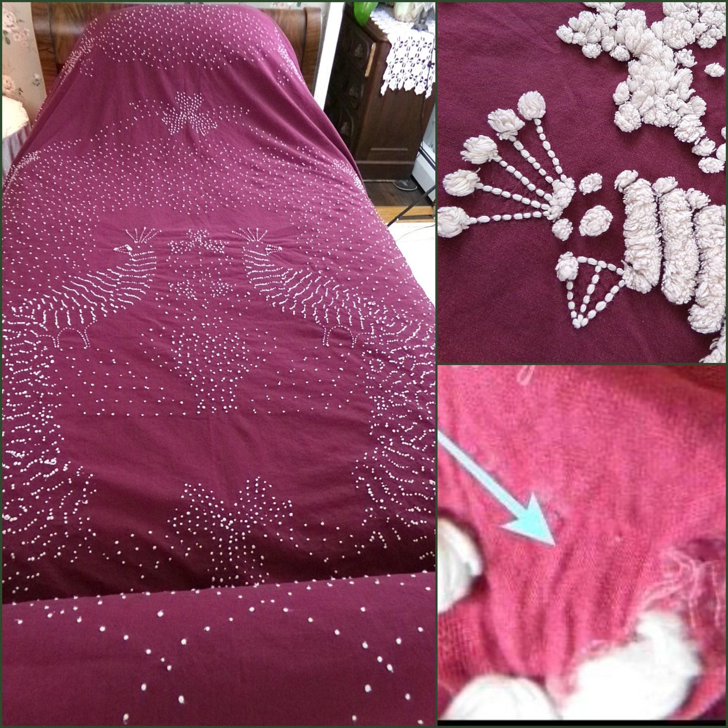 Antique Peacock Chenille Bedspread, Shabby Vintage Victorian Handmade Coverlet in Deep Wine with Snow White Tufting, Full Size Bedding