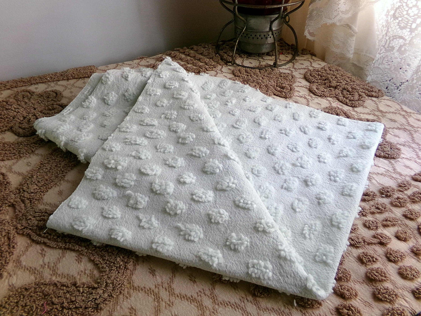 light green chenille fabric, vintage style pops design, 18" x 24" cut piece for quilts, crafts, sewing