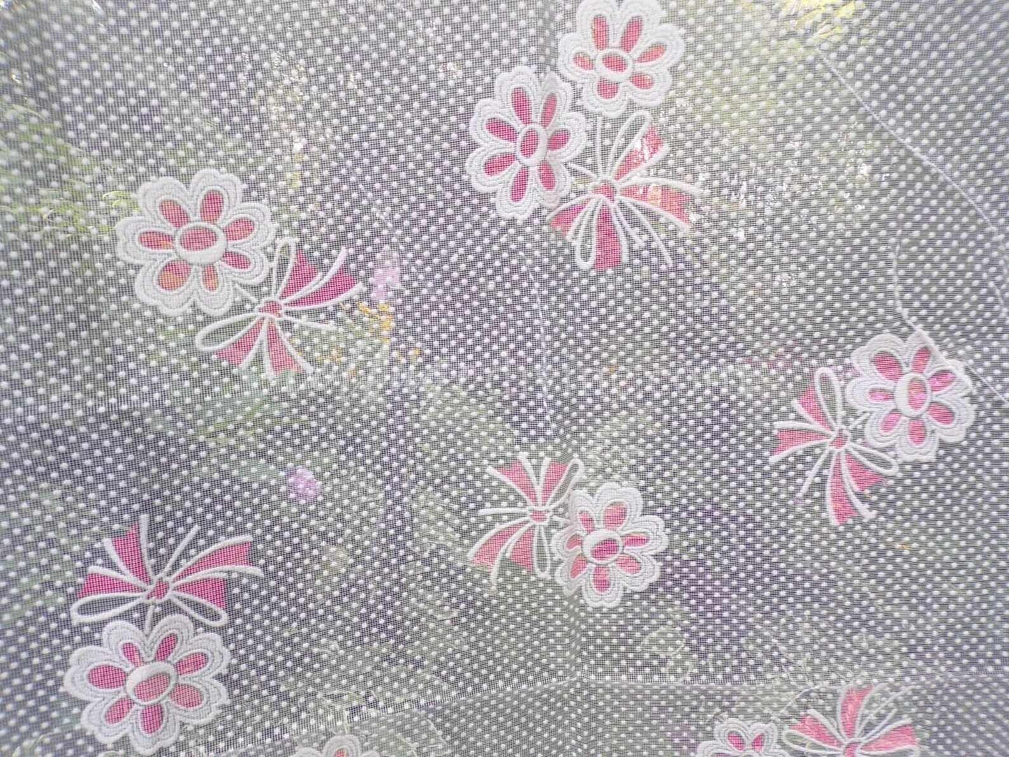 Vintage Flocked Curtain, Petal Pink Daisy & Dot Pattern, SINGLE Sheer Panel, 72"L