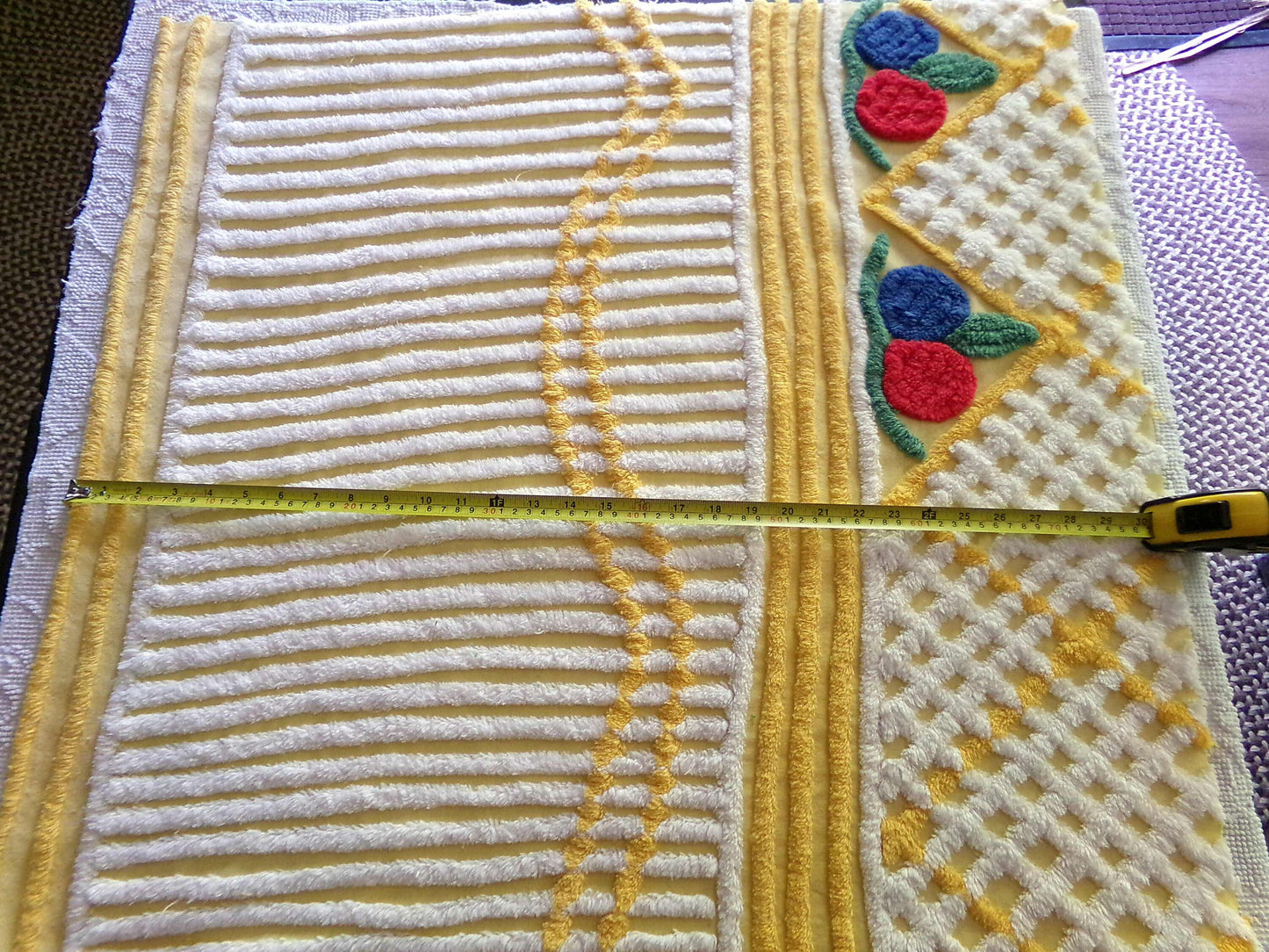 Happy Vintage Chenille Fabric, Red & Blue Rosettes on Yellow Geometric, 29" x 30" inch piece