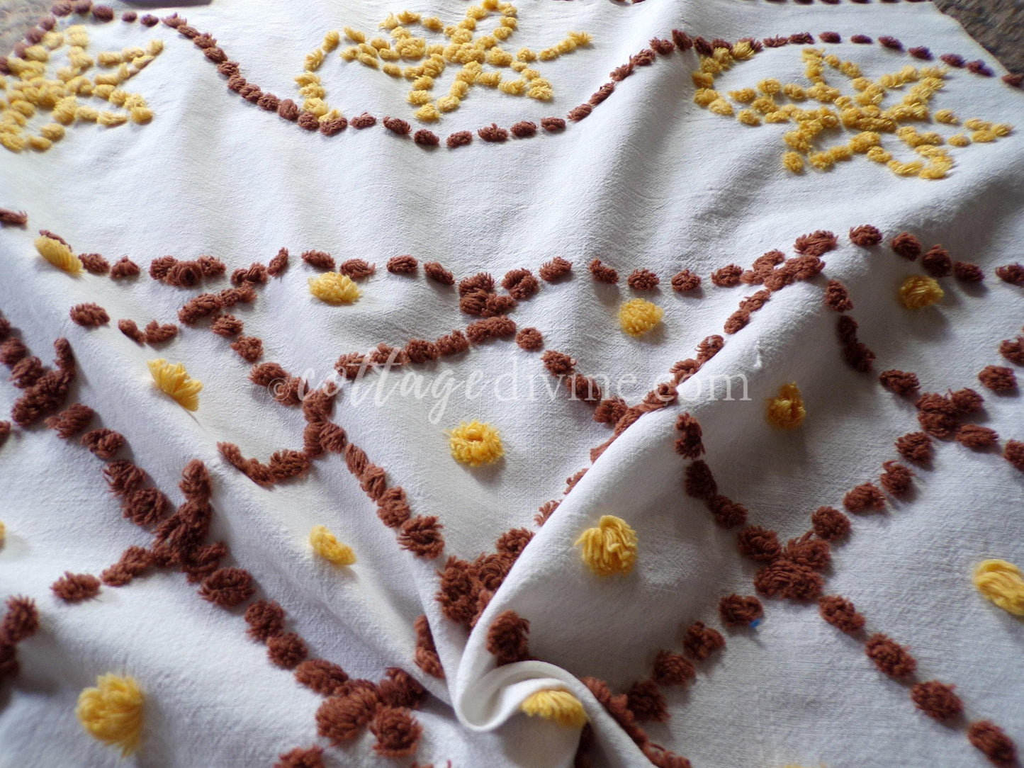 boho sunflower vintage chenille fabric, autumn gold & brown geometric florals on 100% cotton 22" x 28" cut piece