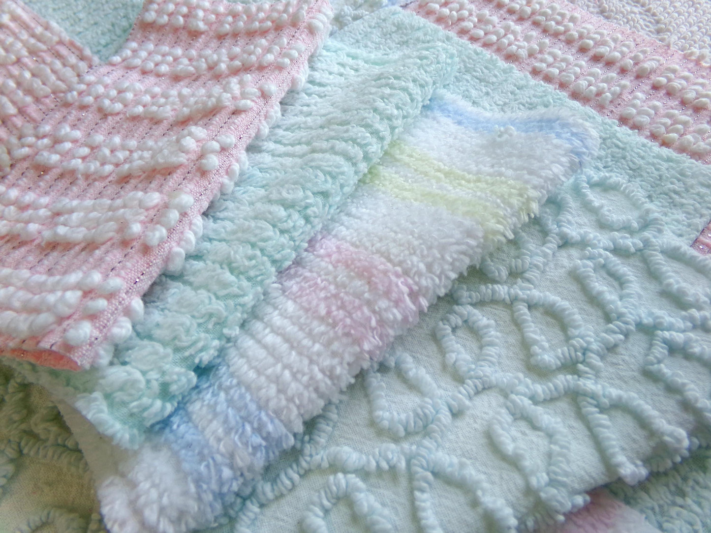 vintage chenille fabric squares, "summer rainbow" set of 16 pastel 6" quilt blocks, gentle geometric patterns, for quilting, crafts & sewing