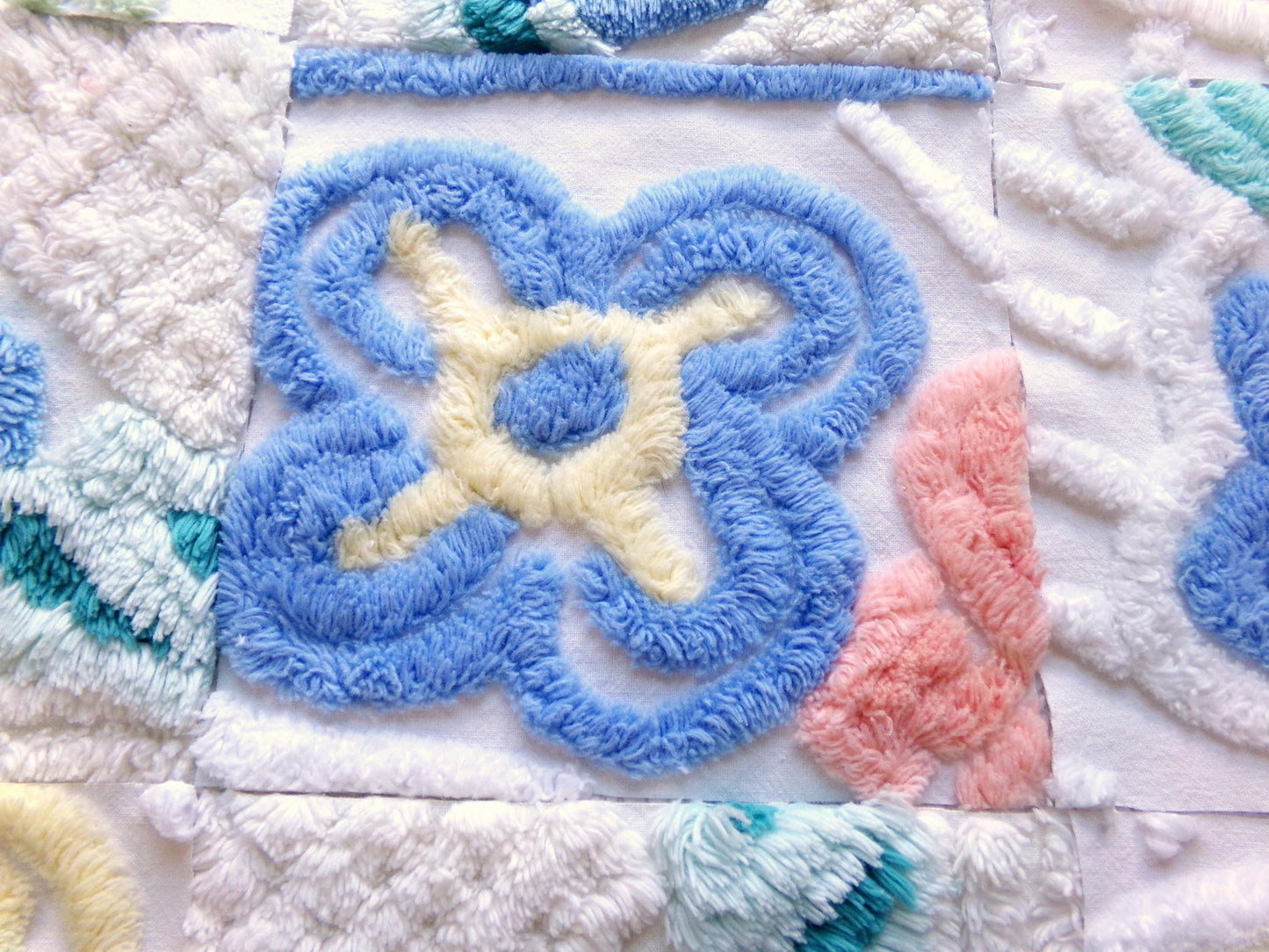 vintage 6" chenille fabric squares, set of 16 quilt blocks, blooming blue flowers