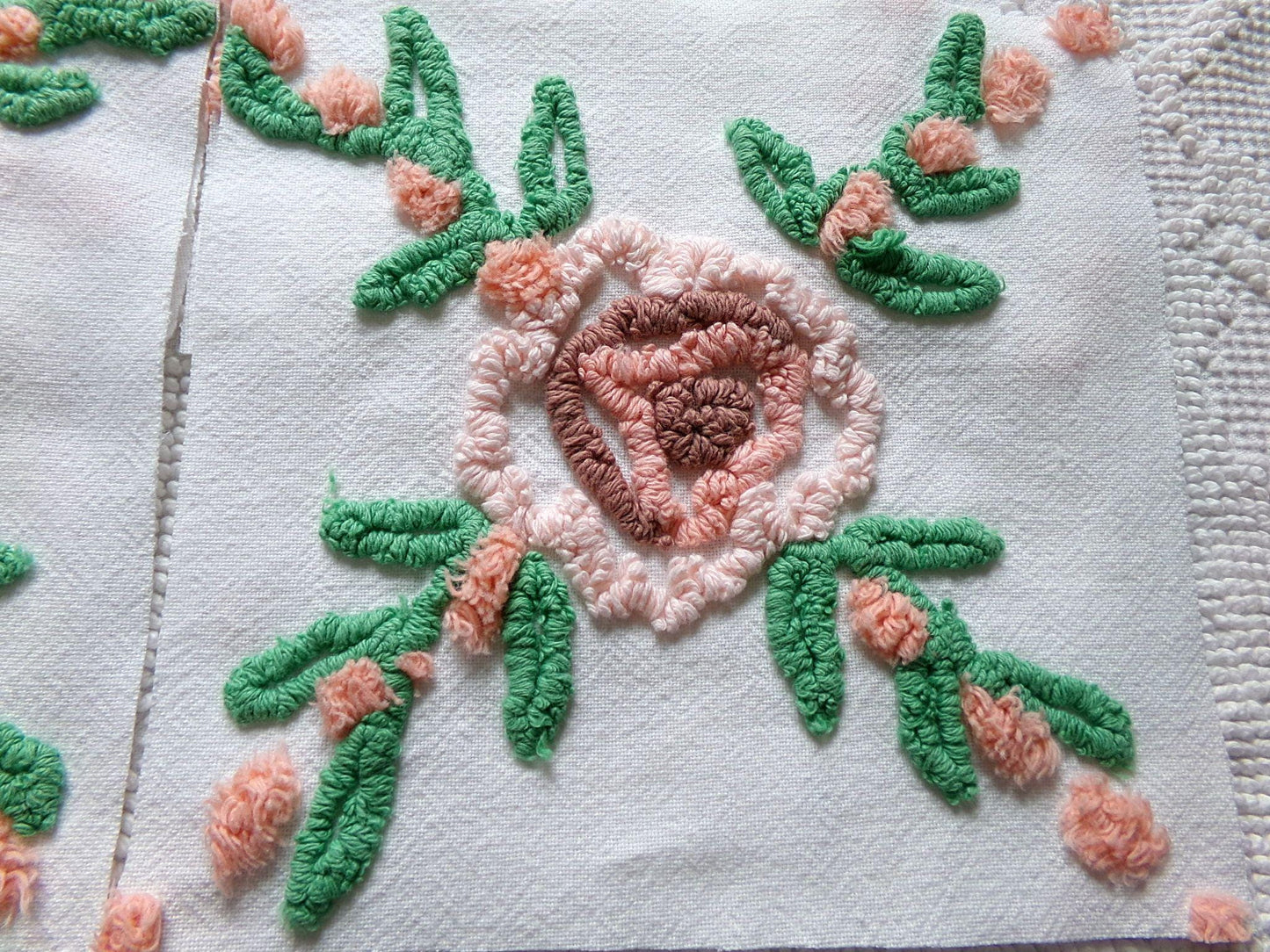 cottage style chenille fabric squares, set of 6 vintage 7.5" quilt blocks, peach, white rose floral & geometric for sewing, crafts, quilting