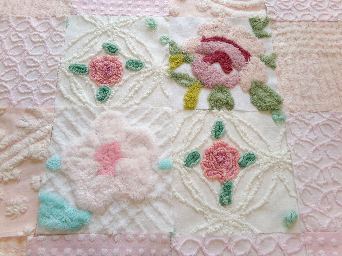 fairy flowers chenille fabric squares, set of 16 vintage craft quilt blocks 6" inches ea, soft pink, peach & floral