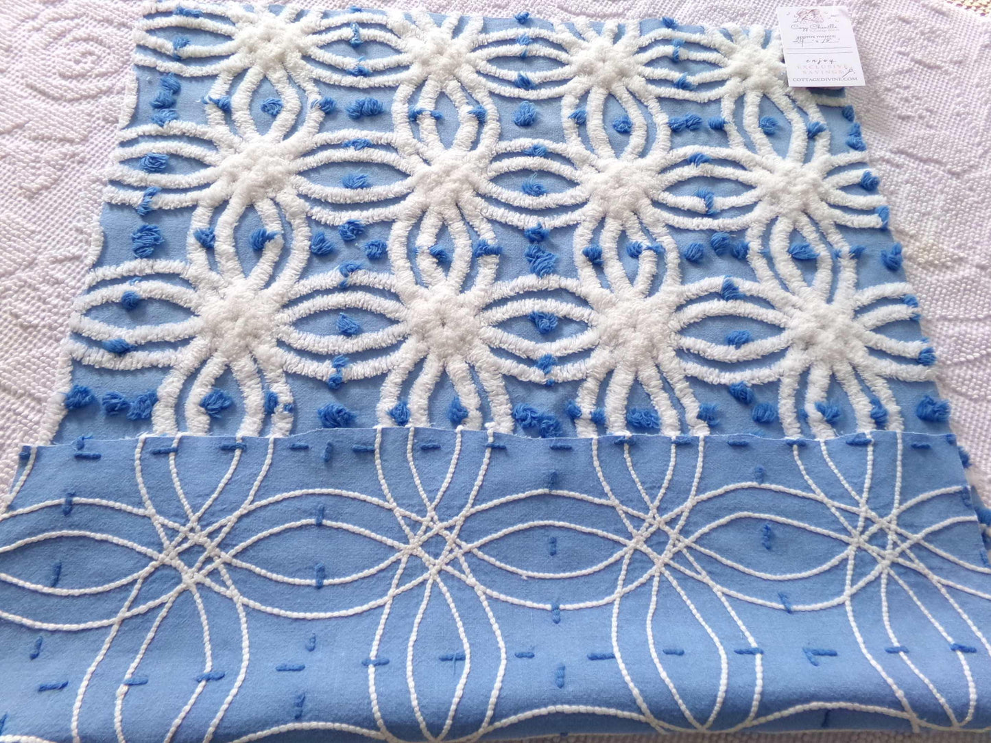 coastal chic blue vintage chenille fabric, white tufted spider rings & little pops, 24" x 18" inch piece