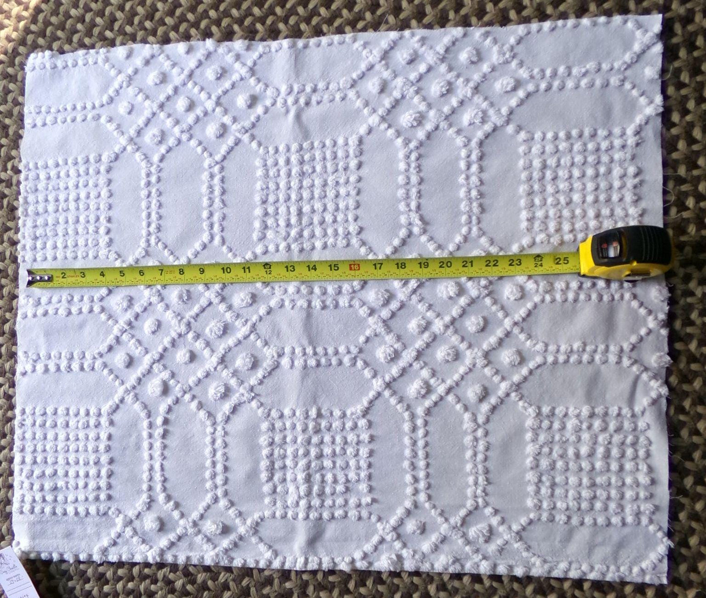 celestial white vintage chenille fabric, vintage geometric piece of cotton sewing material for quilts, pillows, wall hangings, 23" x 28"