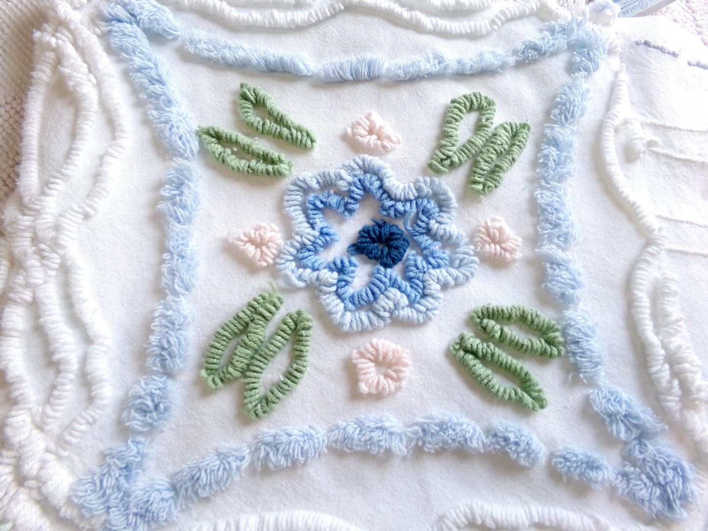 cottage chic vintage chenille fabric: pink & blue floral 24" x 24" cut piece sewing material