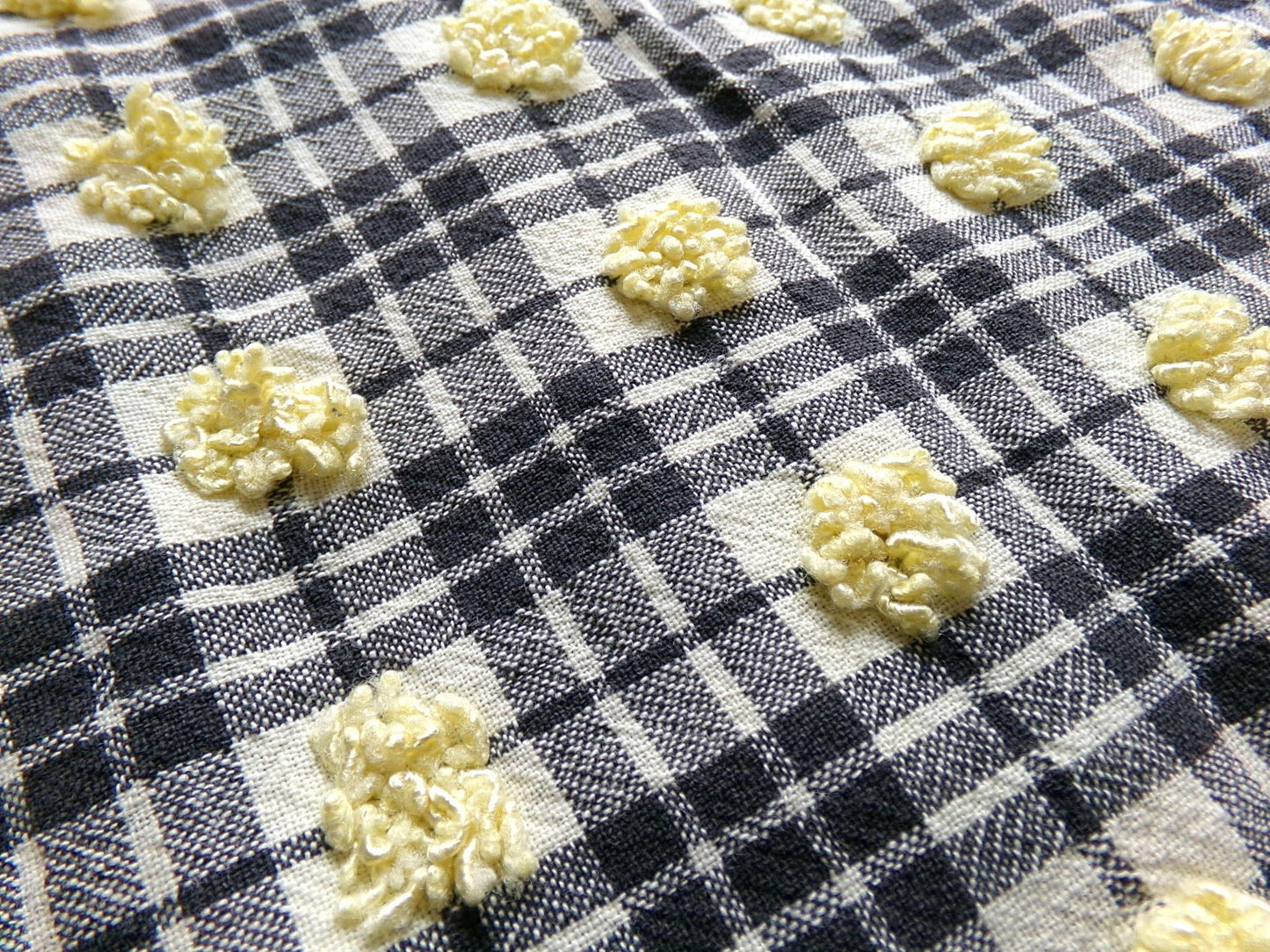 unique black plaid vintage chenille fabric, 18" x 24" piece of sewing material w/ yellow pops