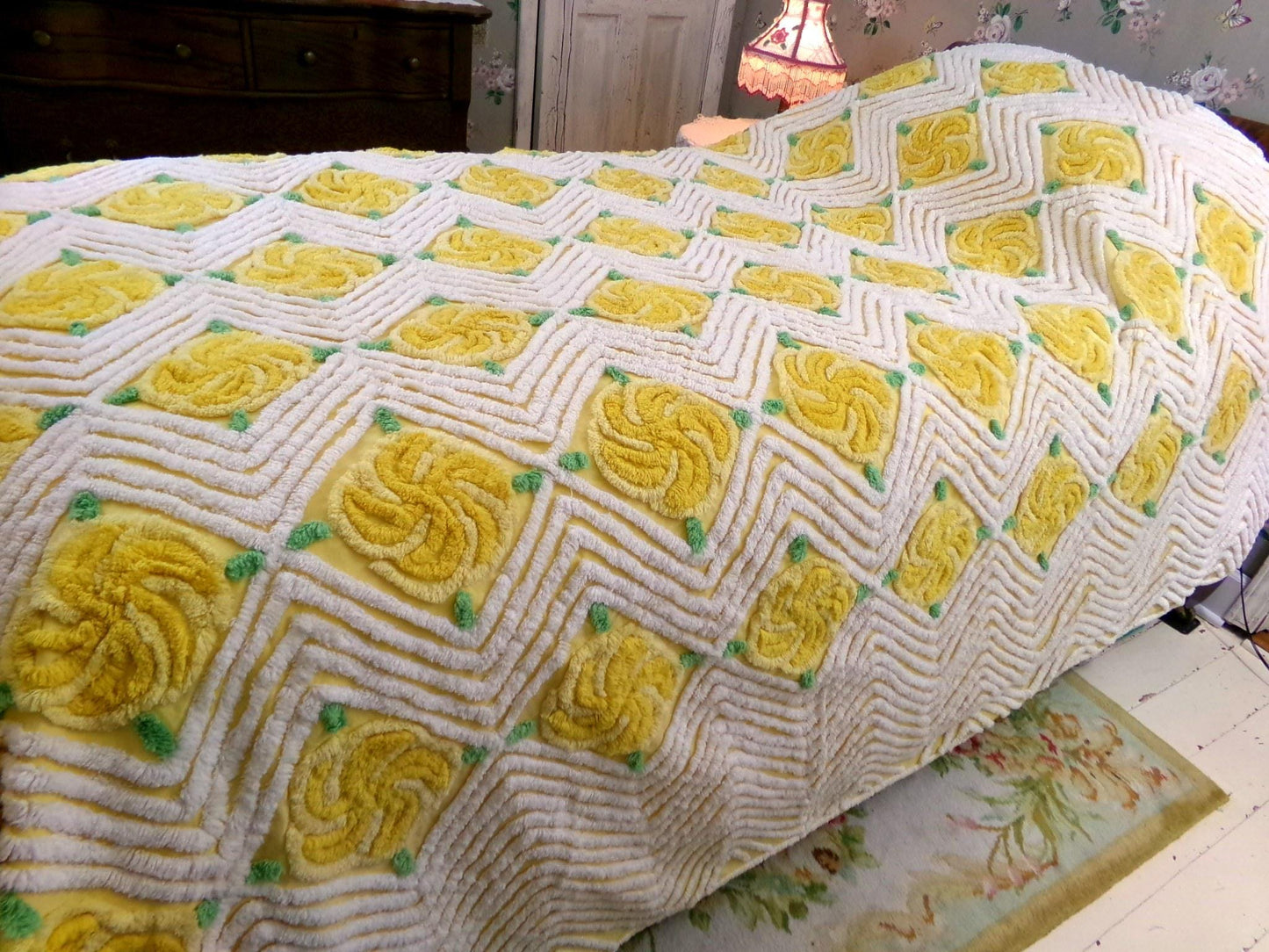 golden rose vintage chenille bedspread, plush pinwheel yellow cabbage rose design, full size cotton bedding