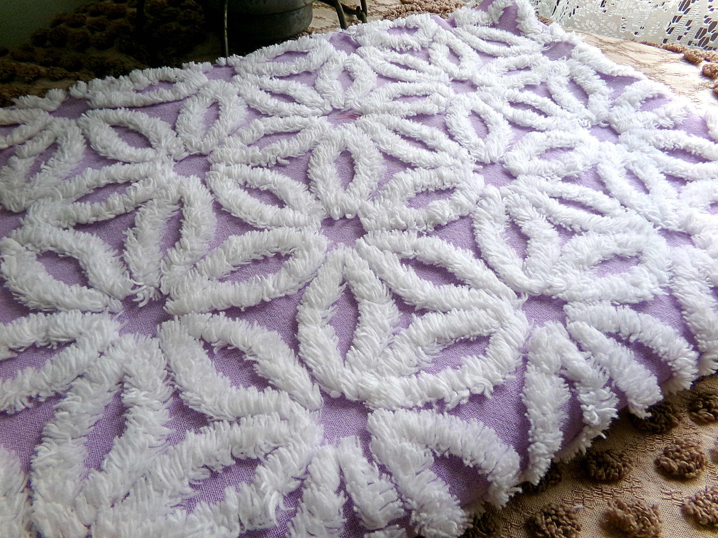 Spring Lavender Vintage Chenille Fabric in Lilac Purple & Fluffy White Daisy, 19" x 25" inch Piece, Lovely in Quilts