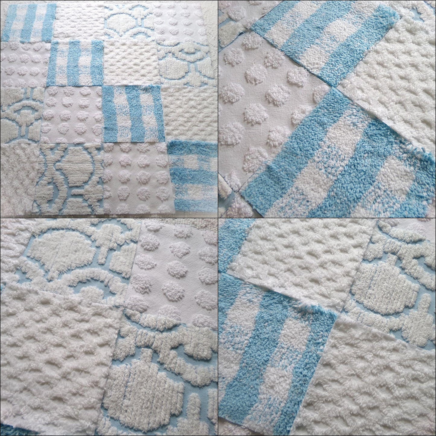 country gal chenille fabric squares, 16 vintage 6" quilt blocks in cool blue & white, for sewing, crafts, fiber arts
