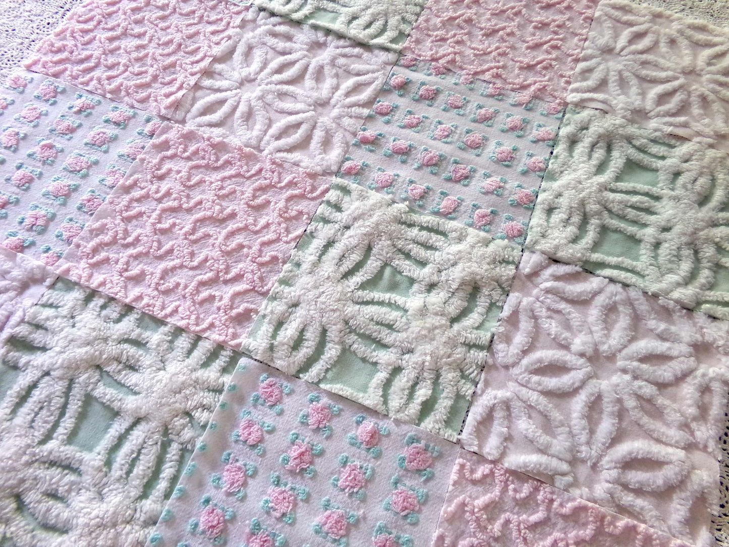 Chenille Squares Set, "Flower Petals," 16 Vintage Fabric Quilt Blocks, 6" inch in White Daisy, Pink Rosebud, Mint Green, Squiggles