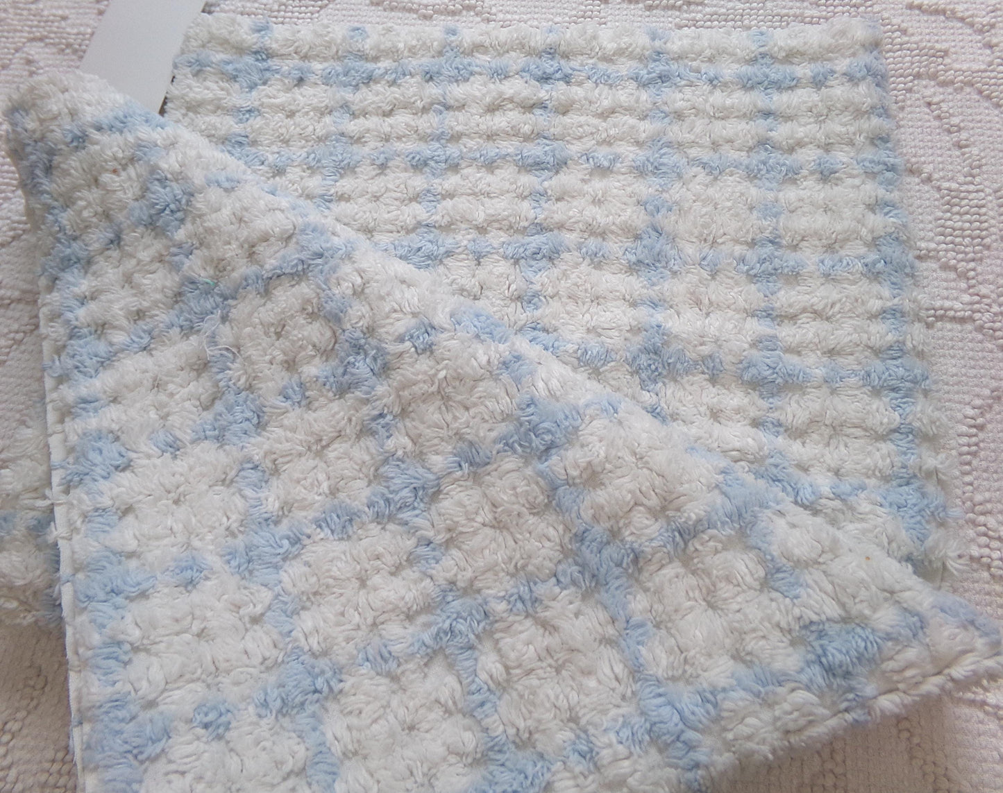 blue & white check vintage chenille fabric, cottage style plaid design, 20" x 24" cut piece for quilting, pillows
