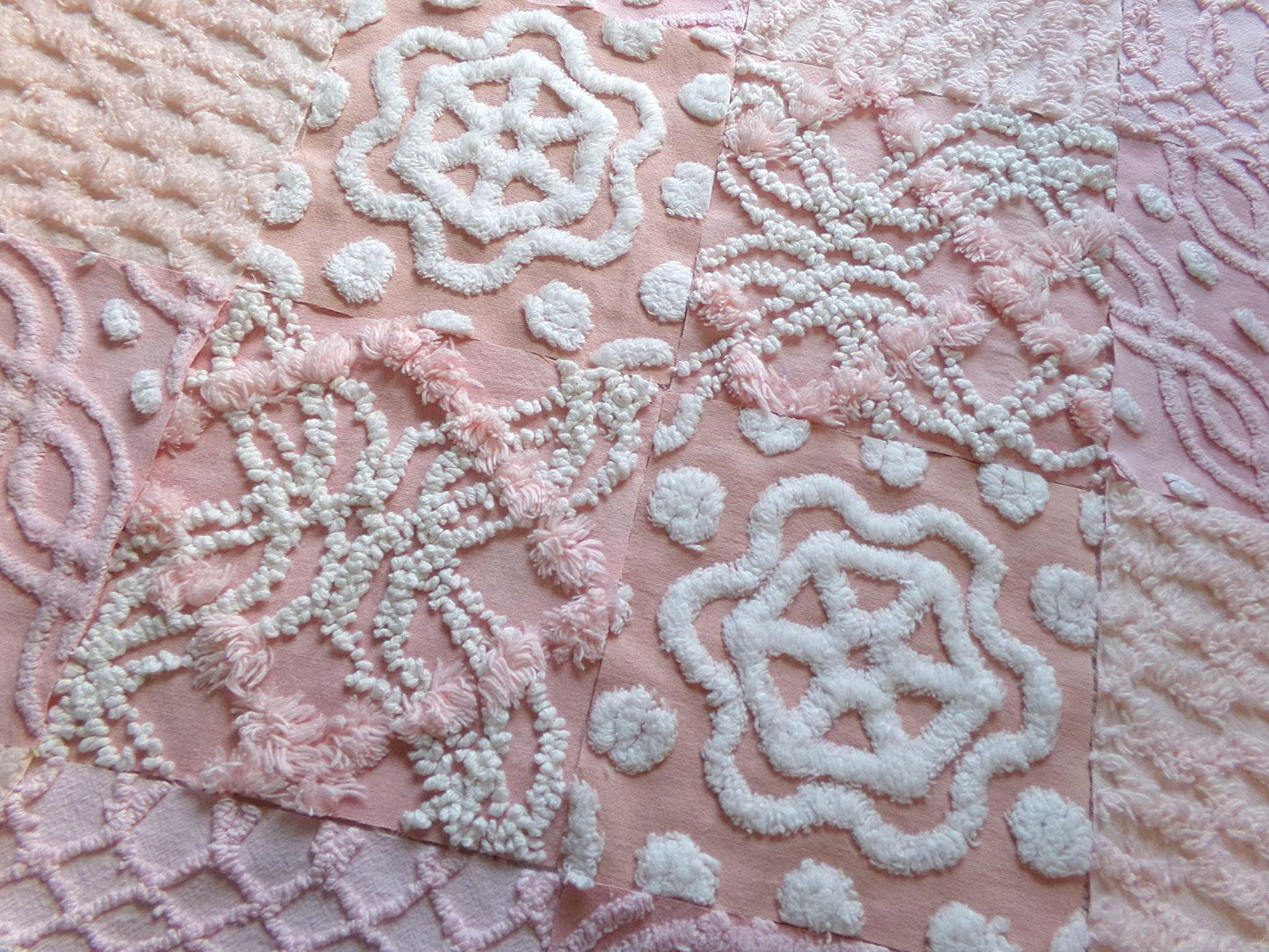feminine glow vintage 6" chenille squares, set of 16 quilt blocks, rotary cut from pink & peach vintage chenille bedspread fabrics