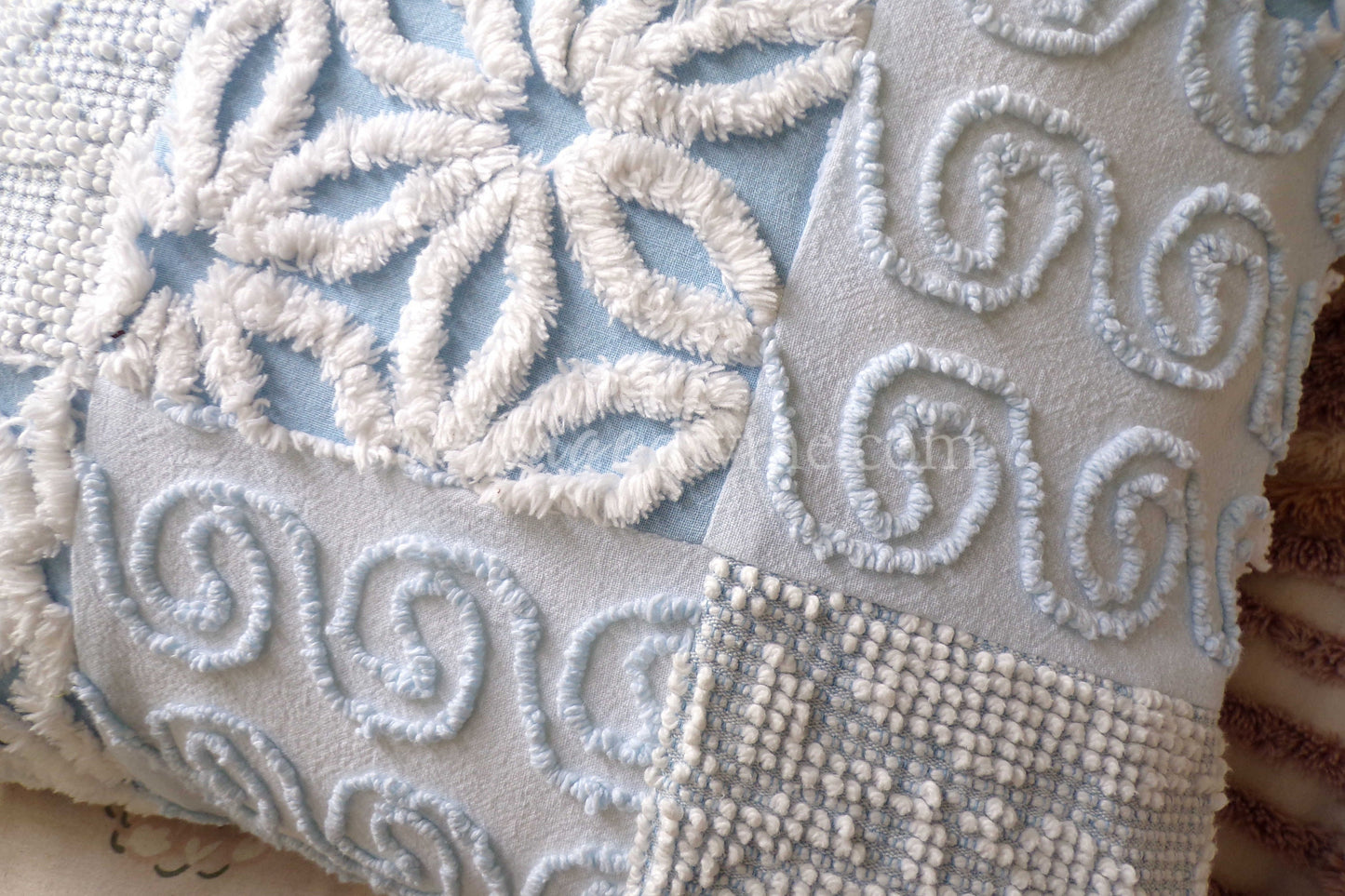 Beach Cottage Chenille Pillow Cover 16" x 16" inch Square, REVERSIBLE Patchwork Blue Accent Pillow from Vintage Chenille Bedspread Fabric