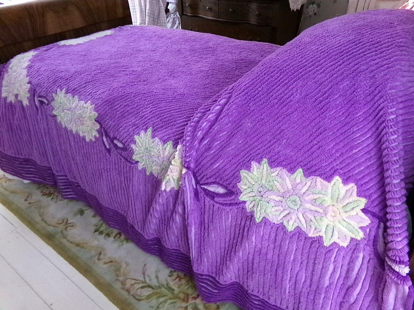 Plush Purple Passion Vintage Chenille Bedspread, Green Lily Floral Full Size Bedding