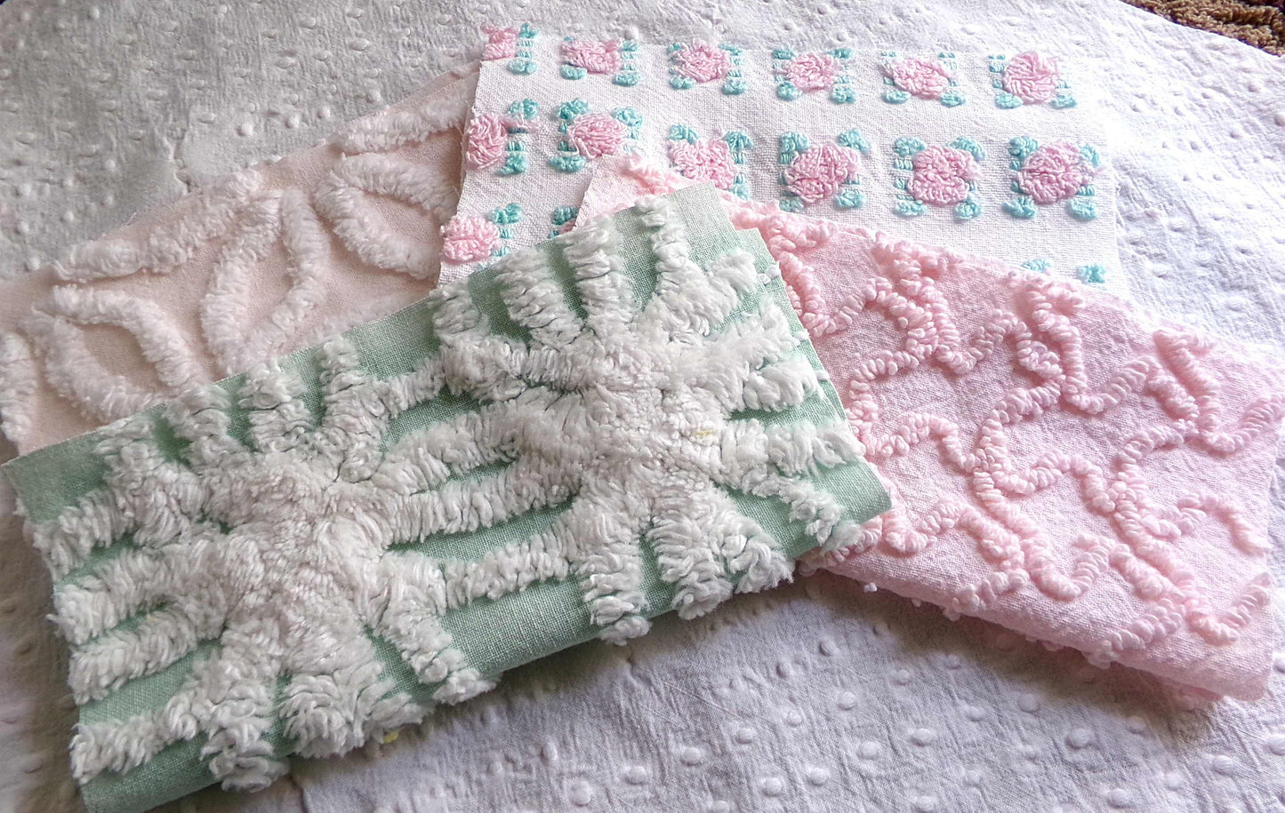 Chenille Squares Set, "Flower Petals," 16 Vintage Fabric Quilt Blocks, 6" inch in White Daisy, Pink Rosebud, Mint Green, Squiggles