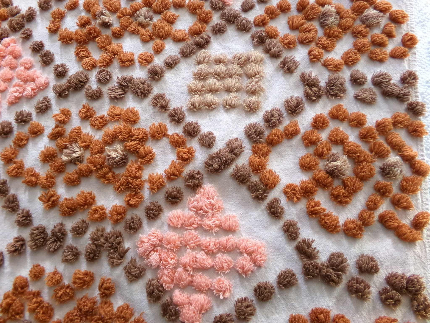boho vintage chenille fabric, earthtones toasted brown, rust, sunset peach, 21" x 24" cut piece hippie style cotton sewing material