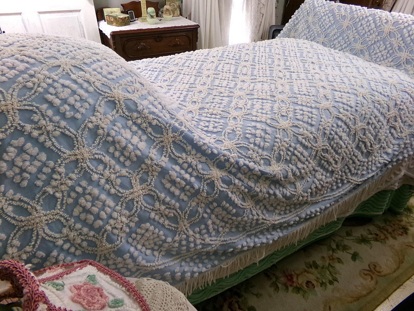 beach cottage blue vintage chenille bedspread, shabby tufted geometric pattern, 100% cotton twin size summer coverlet with fringe