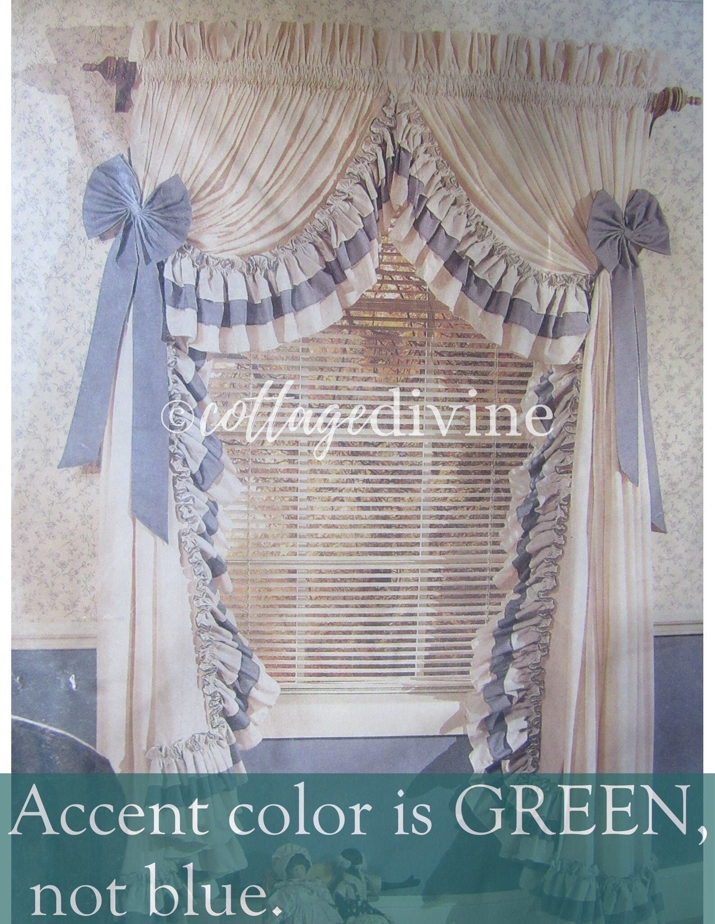 Farmhouse Style Priscilla Curtain Panels Pair, Cream & GREEN Trim, Bow Tiebacks, NOS Vintage Window Curtains, 84" L, Williamsburg Collection