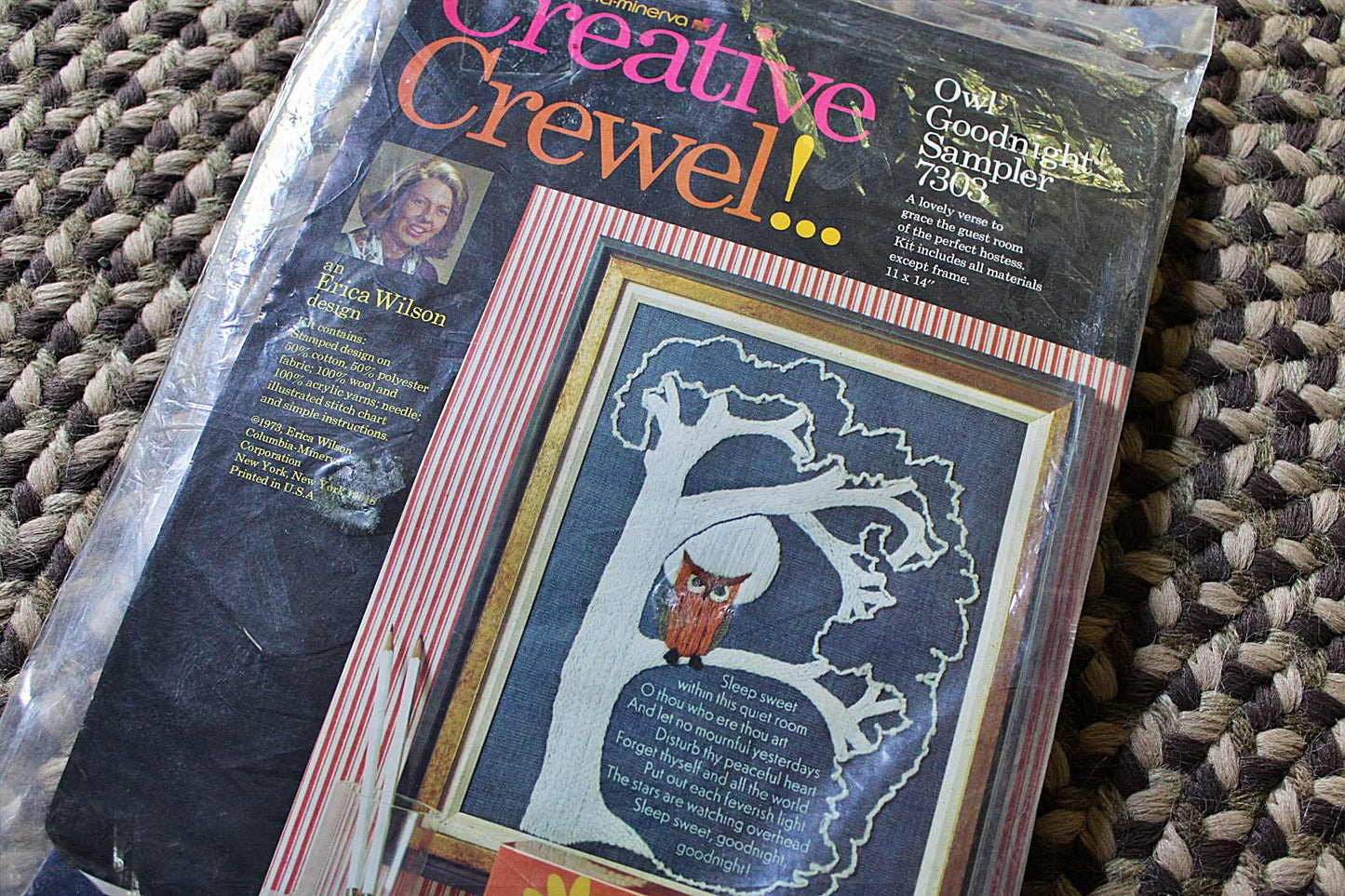 OWL GOODNIGHT Sampler ~ 1973 Erica Wilson Design, Vintage Columbia Minerva Creative CREWEL Embroidery Kit # 7303 ~ Cute Poem