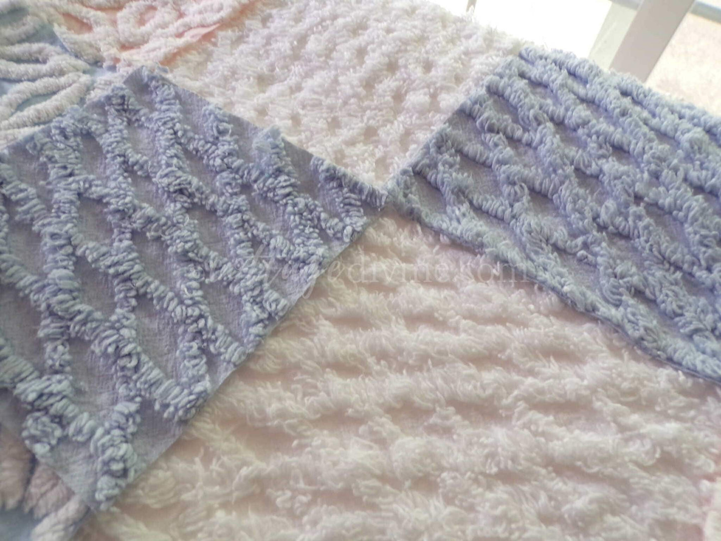 Fluffy Soft 6" Chenille Fabric Squares, Set of 16 Quilt Blocks, Pink, Blue & White Daisy Designs Cut from Vintage Chenille Bedspreads