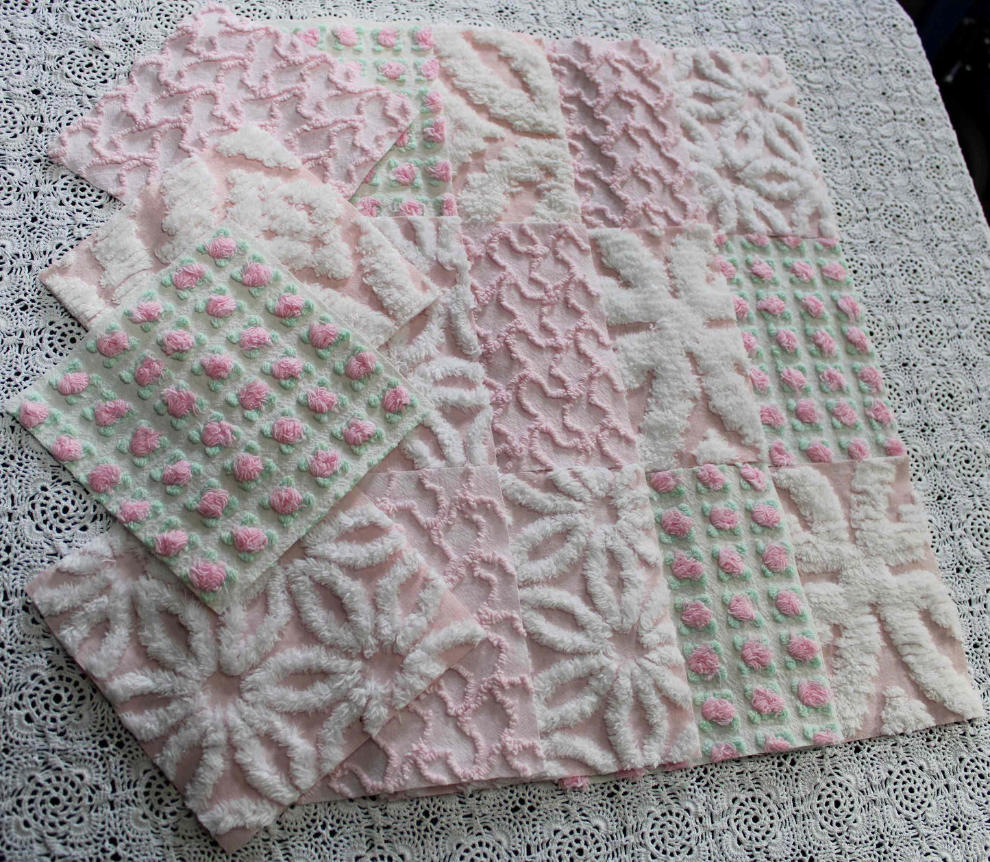 fairy pink chenille fabric squares, cottage rosebud & daisy, 16 vintage quilt blocks 6" x 6" inch, for patchwork pillows, quilting, crafts