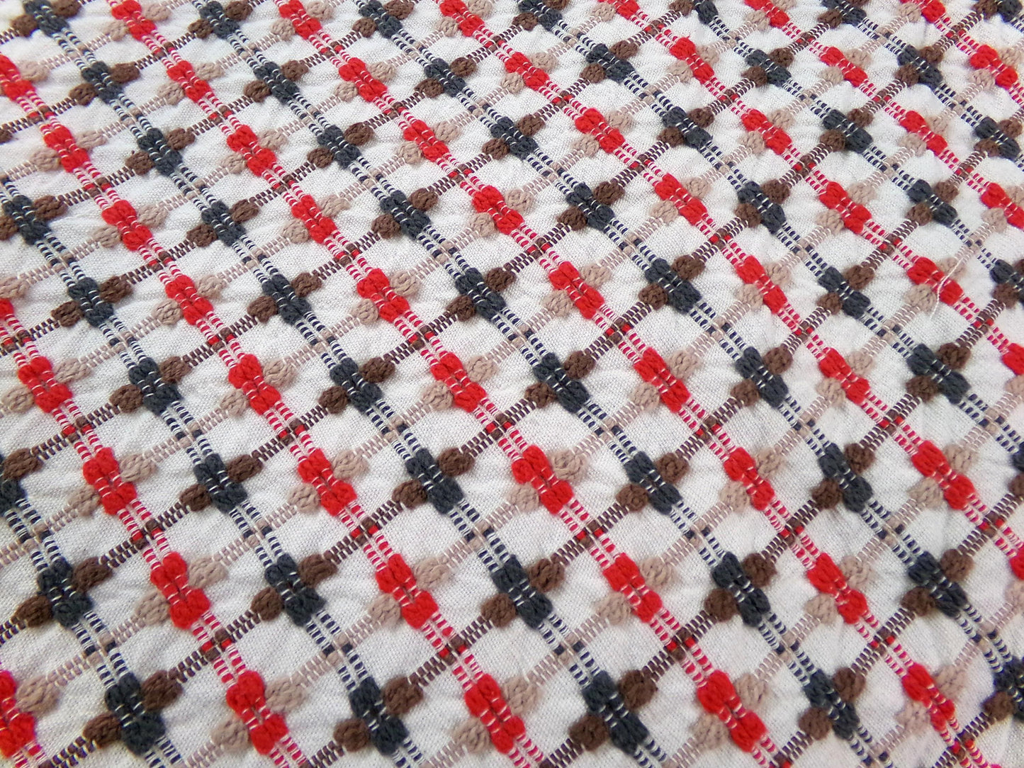 little bow tie vintage woven fabric w/ intersecting chenille cross ties in red, charcoal, mocha & brown, 20" x 24" cut piece sewing material